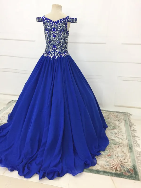 Off the Shoulder Beaded Bodice Little Chld Royal Glitz Pageant Dress