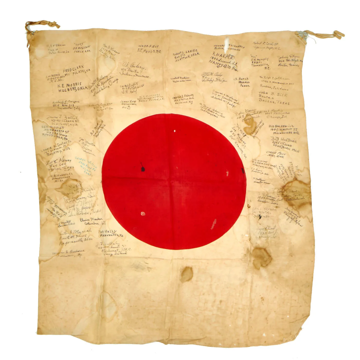 Original Japanese WWII Battle of Iwo Jima Captured 5th Marine Division Signed Flag - Signed by Silver Star Recipient Alfred O’Banion Who Witnessed Medal of Honor Recipient Lt. Jack Lummus’ Actions