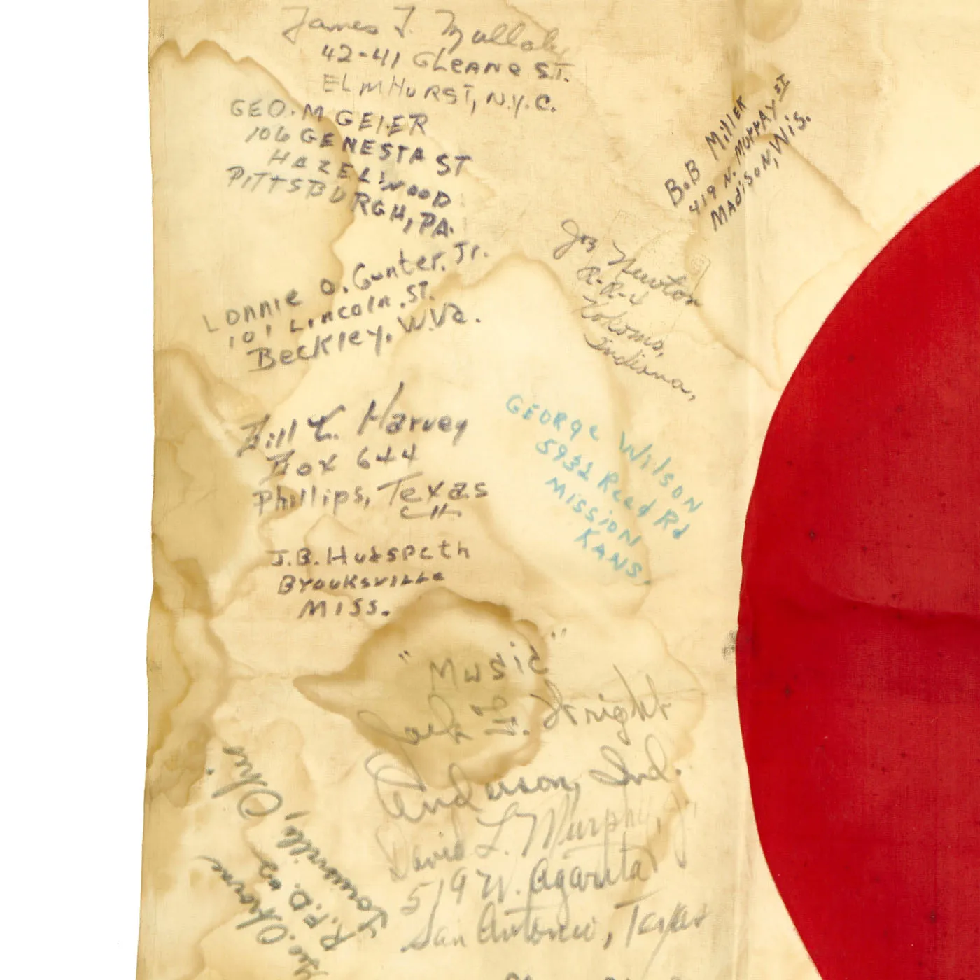 Original Japanese WWII Battle of Iwo Jima Captured 5th Marine Division Signed Flag - Signed by Silver Star Recipient Alfred O’Banion Who Witnessed Medal of Honor Recipient Lt. Jack Lummus’ Actions