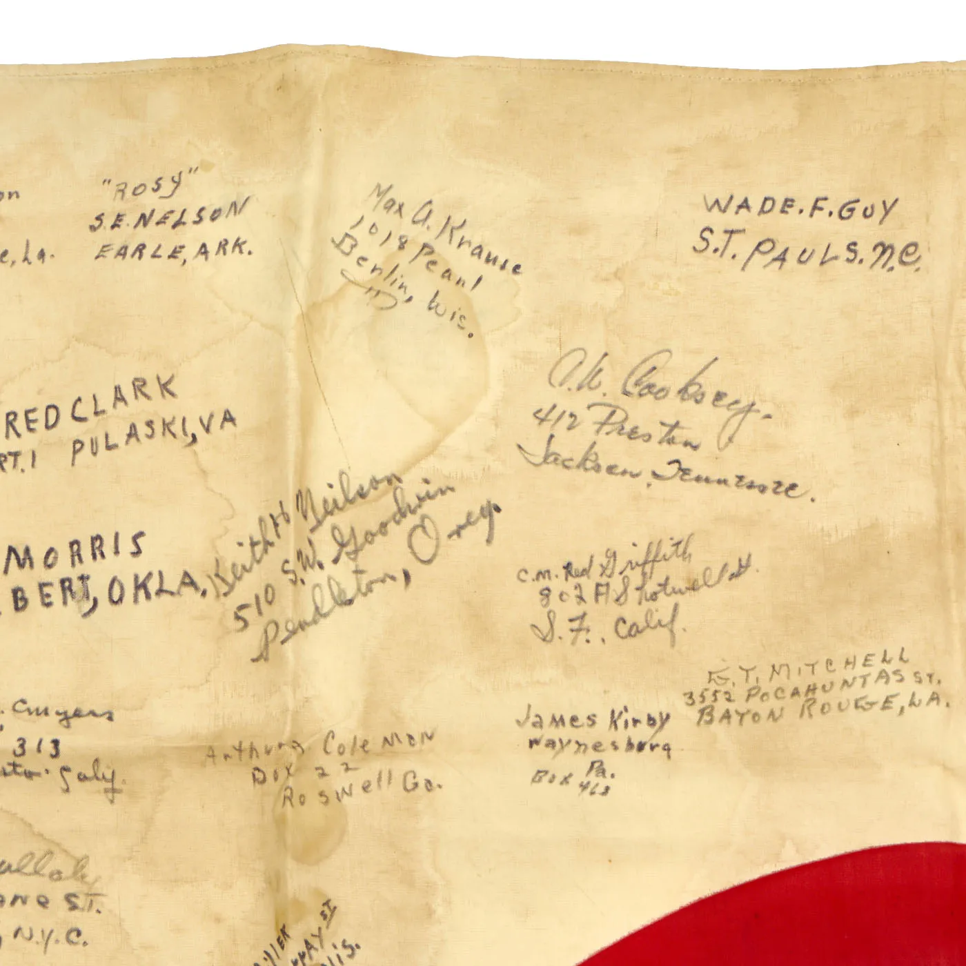 Original Japanese WWII Battle of Iwo Jima Captured 5th Marine Division Signed Flag - Signed by Silver Star Recipient Alfred O’Banion Who Witnessed Medal of Honor Recipient Lt. Jack Lummus’ Actions