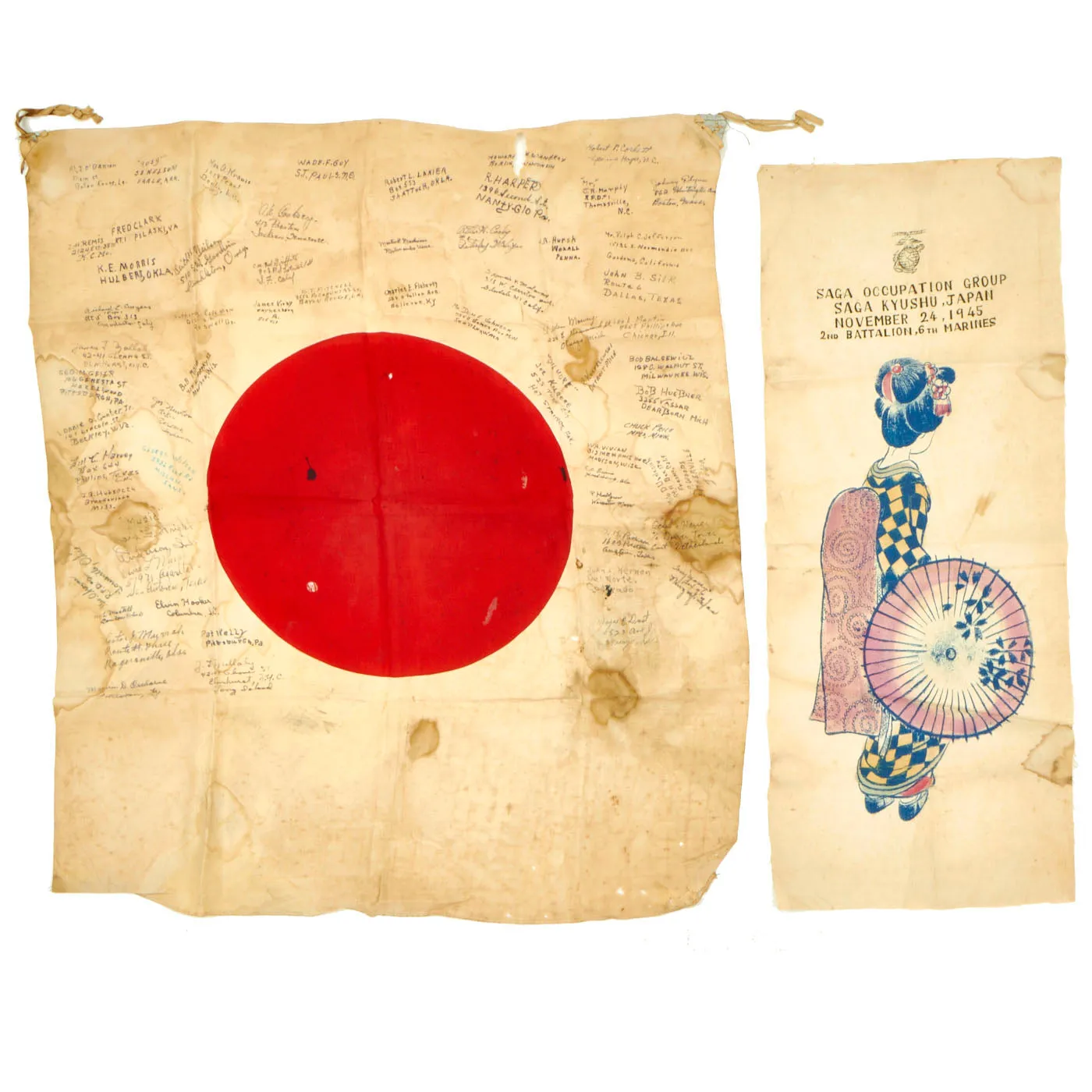 Original Japanese WWII Battle of Iwo Jima Captured 5th Marine Division Signed Flag - Signed by Silver Star Recipient Alfred O’Banion Who Witnessed Medal of Honor Recipient Lt. Jack Lummus’ Actions