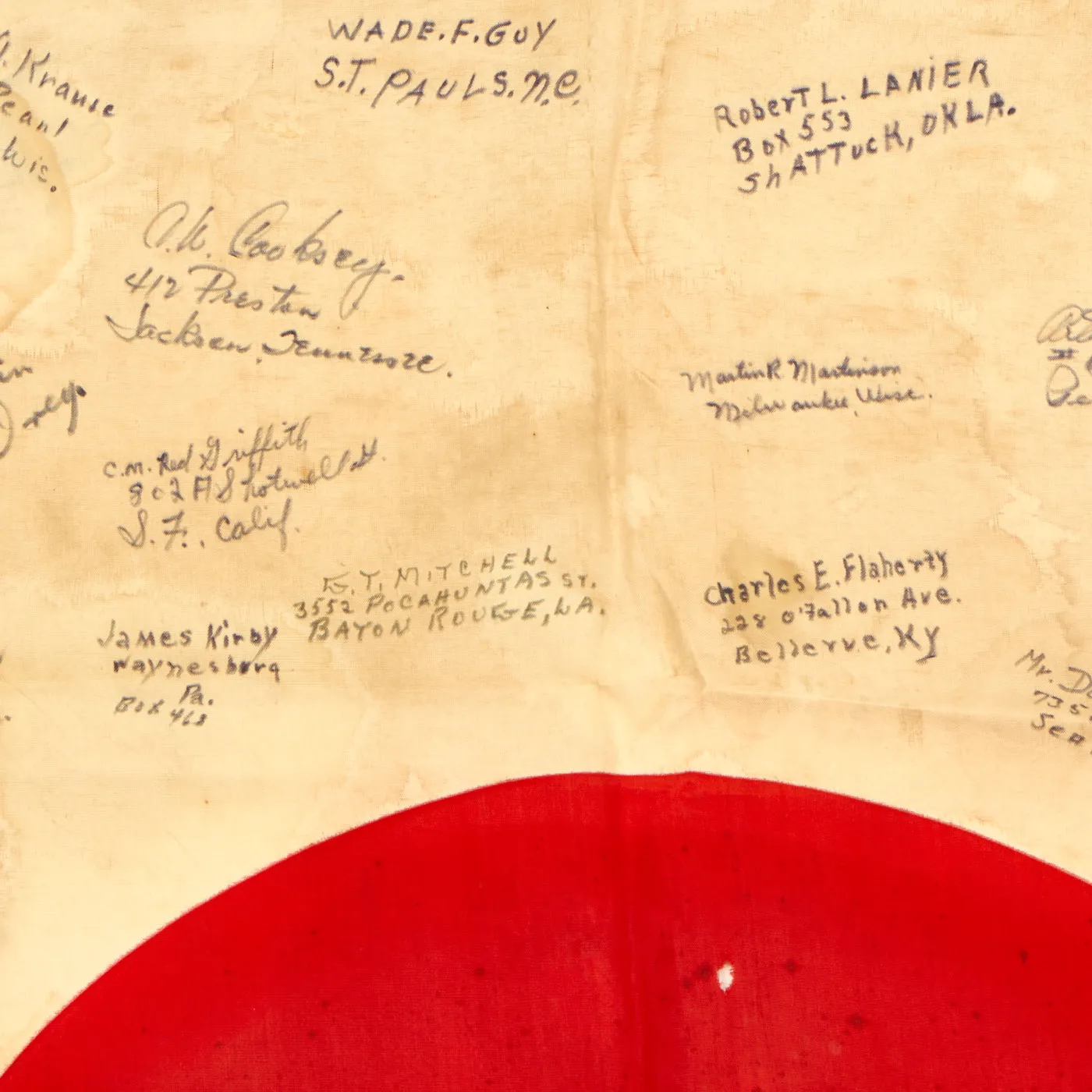 Original Japanese WWII Battle of Iwo Jima Captured 5th Marine Division Signed Flag - Signed by Silver Star Recipient Alfred O’Banion Who Witnessed Medal of Honor Recipient Lt. Jack Lummus’ Actions