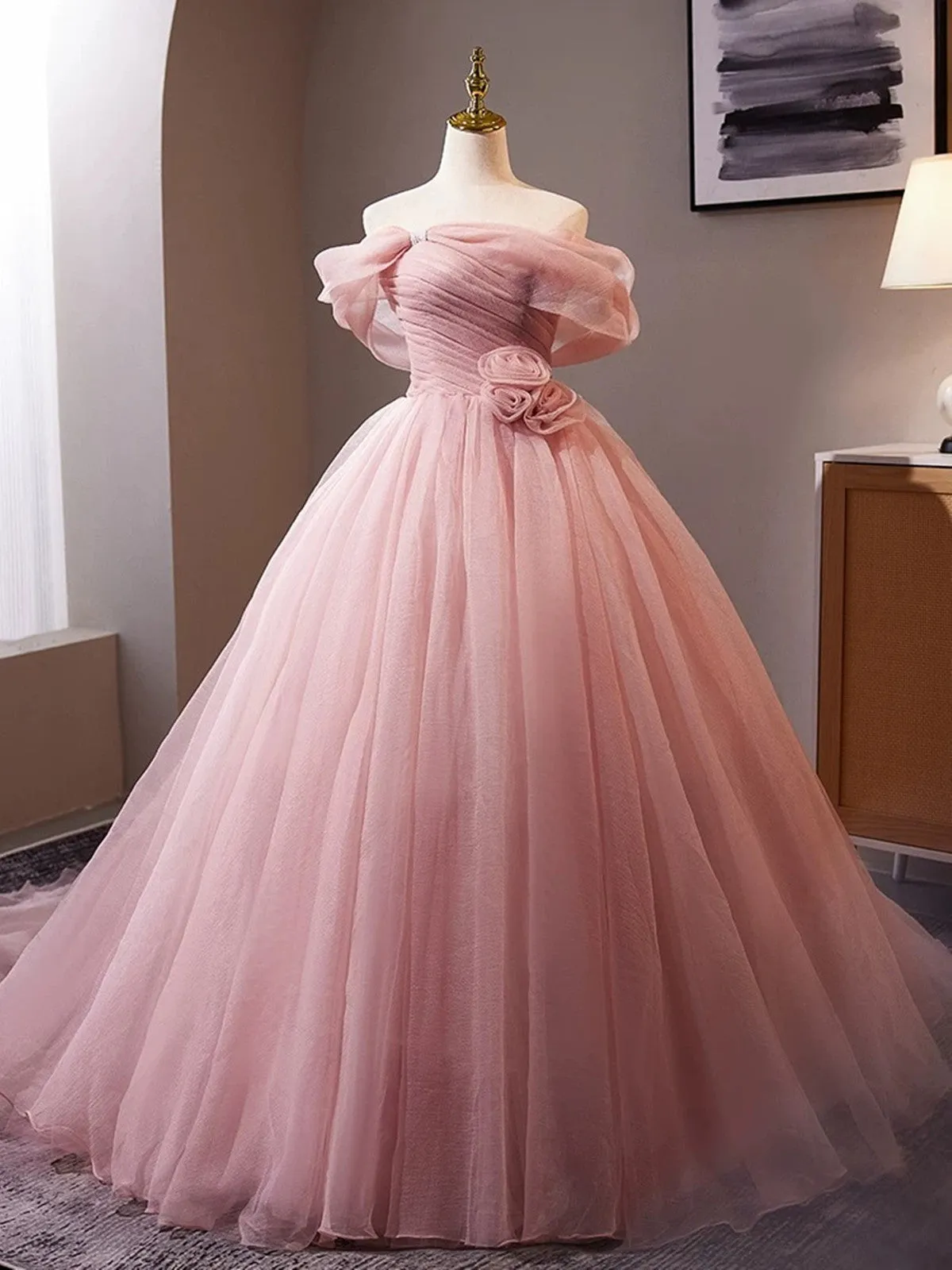 Pink Scoop Off SHoulder Tulle Ball Gown Formal Dress, Pink Tulle Prom Dress