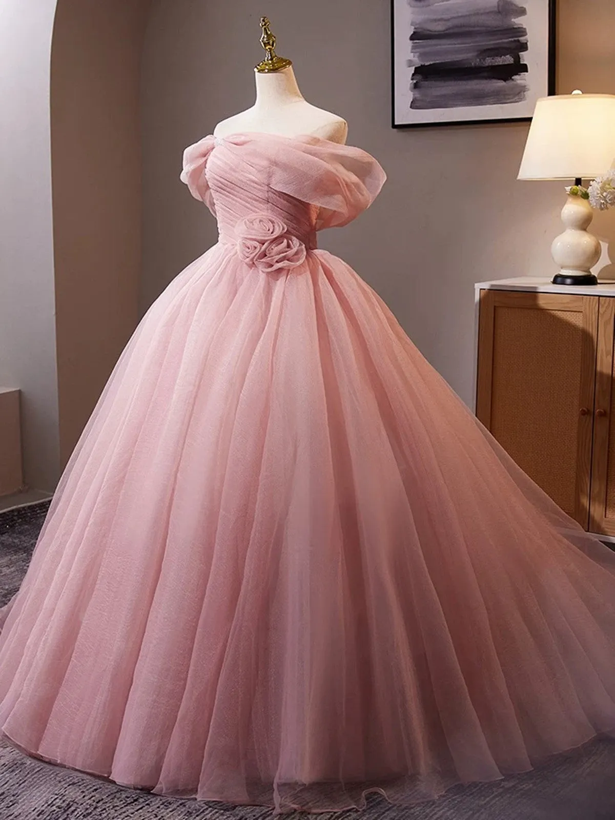 Pink Scoop Off SHoulder Tulle Ball Gown Formal Dress, Pink Tulle Prom Dress