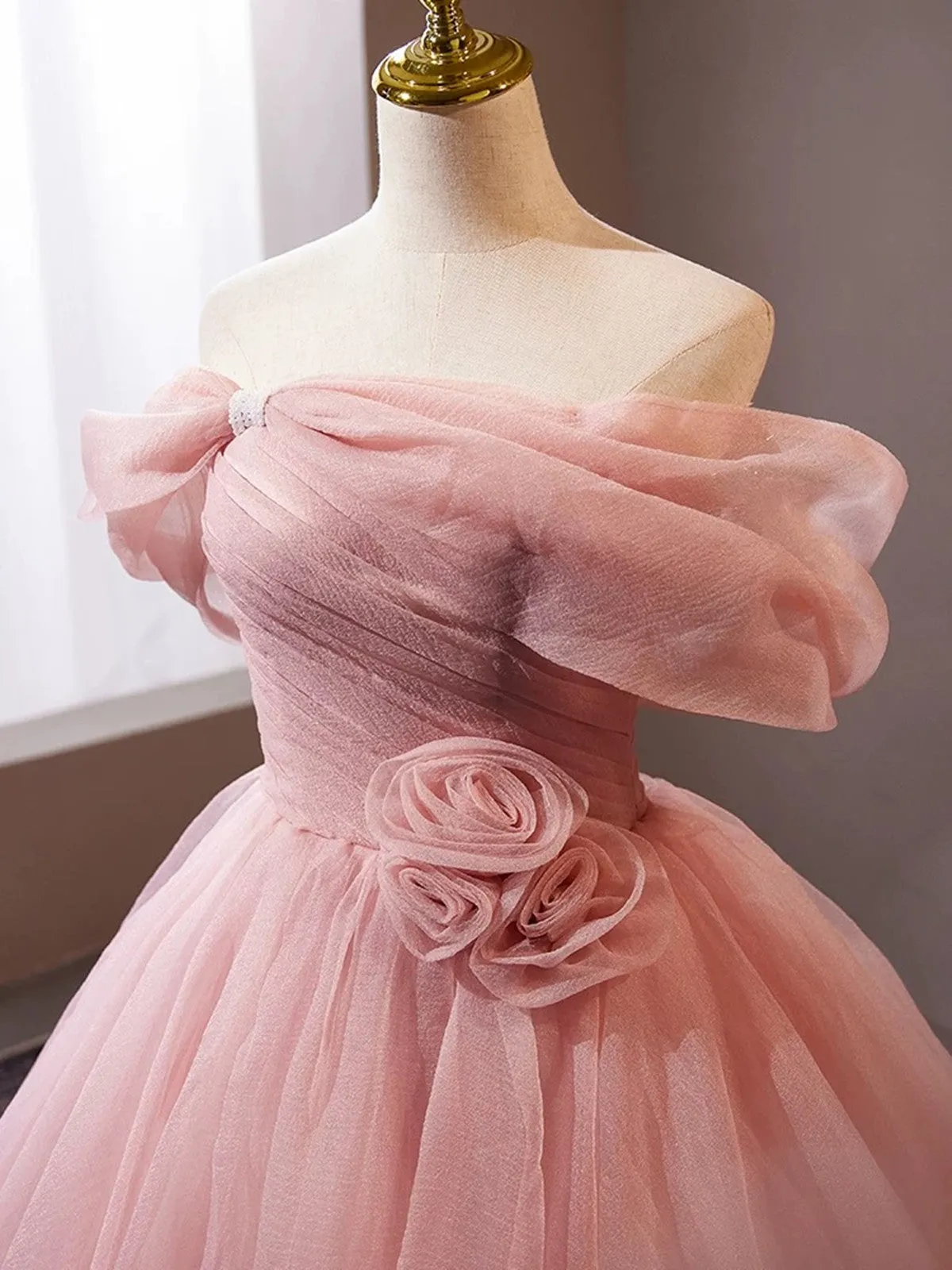 Pink Scoop Off SHoulder Tulle Ball Gown Formal Dress, Pink Tulle Prom Dress