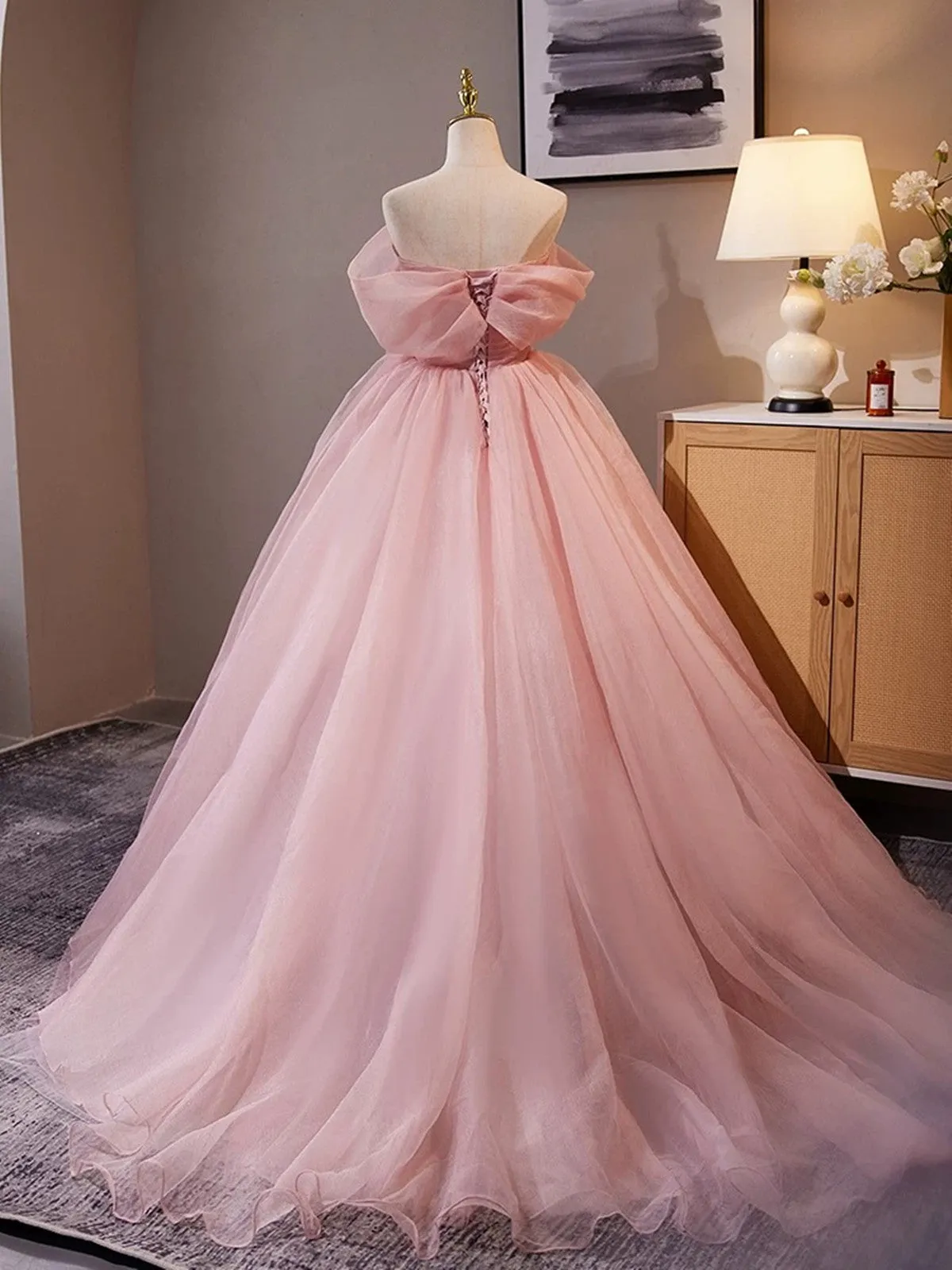 Pink Scoop Off SHoulder Tulle Ball Gown Formal Dress, Pink Tulle Prom Dress