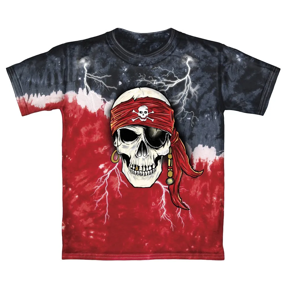 Pirate Skull Glow in The Dark Tie-Dye Youth Tee Shirt (Large 12/14) Red