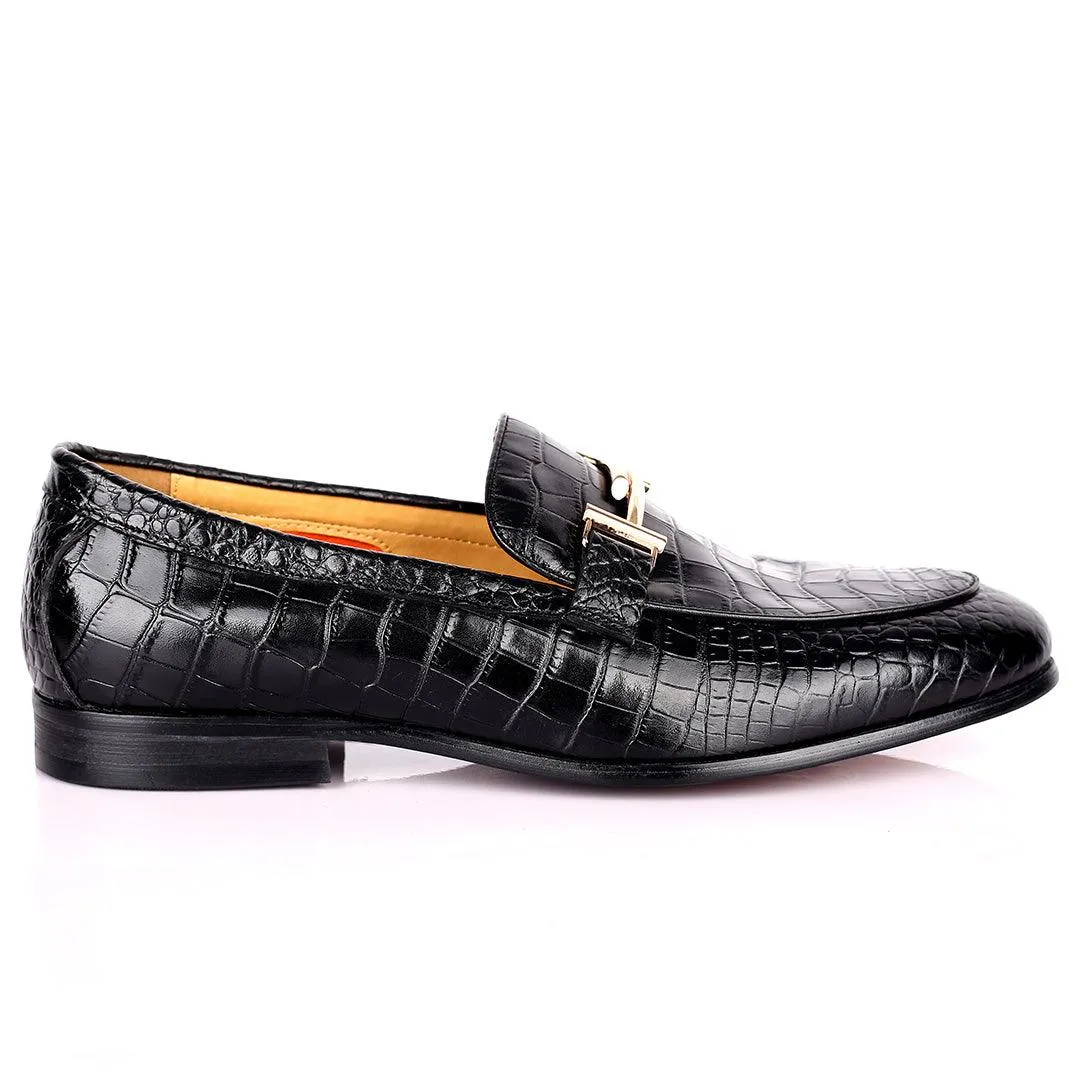 Prad Elegant Croc Leather Logo Designed Formal Shoe - Black