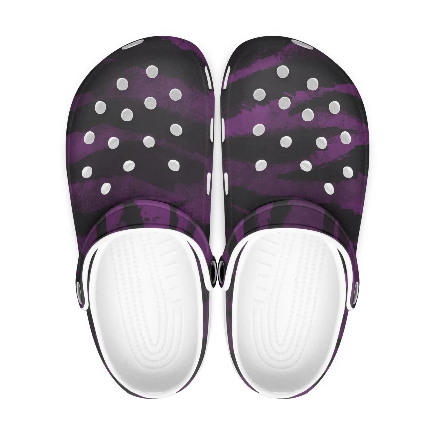 Purple Tiger Slip On Sandals, Tiger Striped Animal Print Unisex Printed Clogs For Men or Women