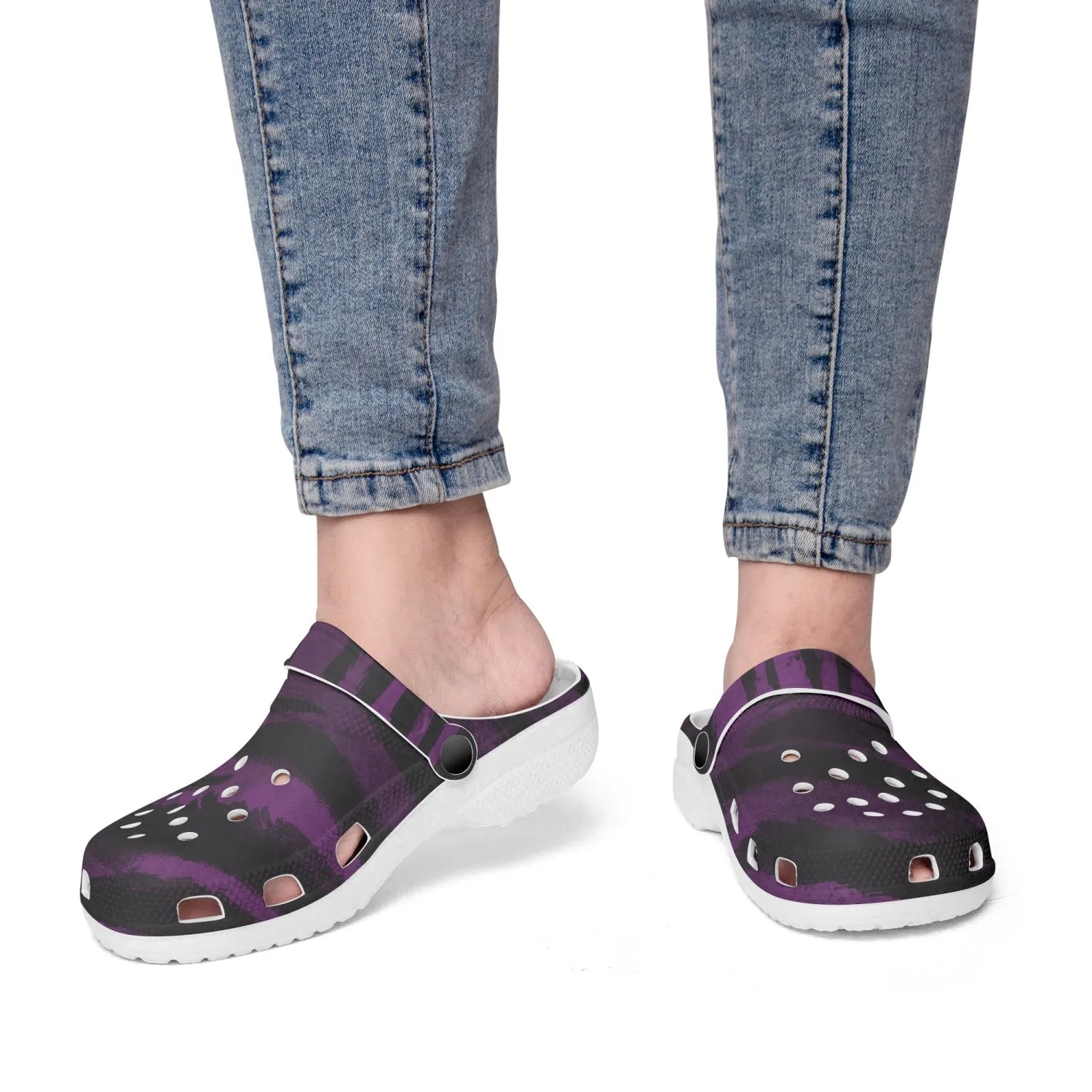 Purple Tiger Slip On Sandals, Tiger Striped Animal Print Unisex Printed Clogs For Men or Women