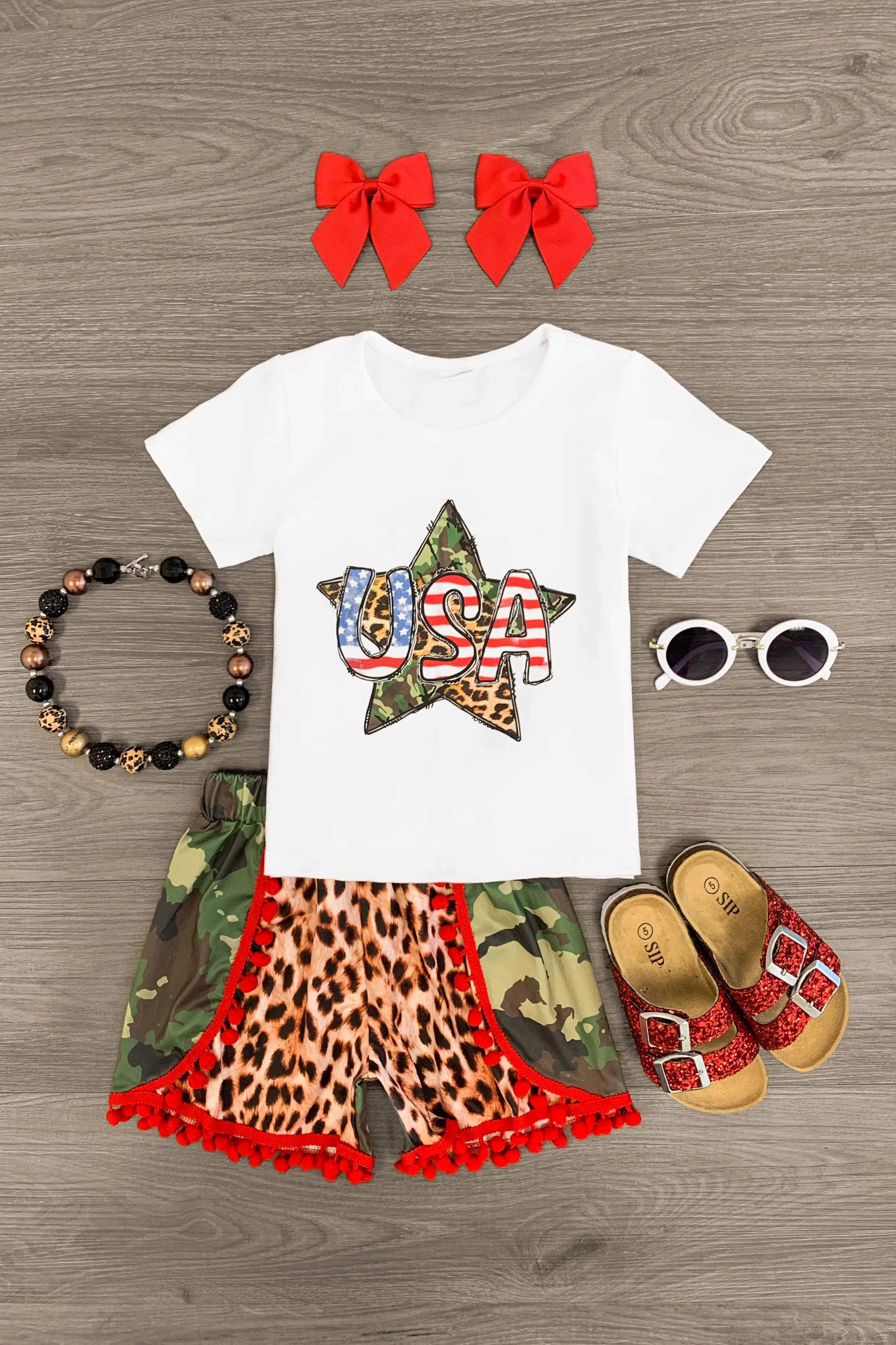 "USA" Patriotic Camo Pom Pom Short Set