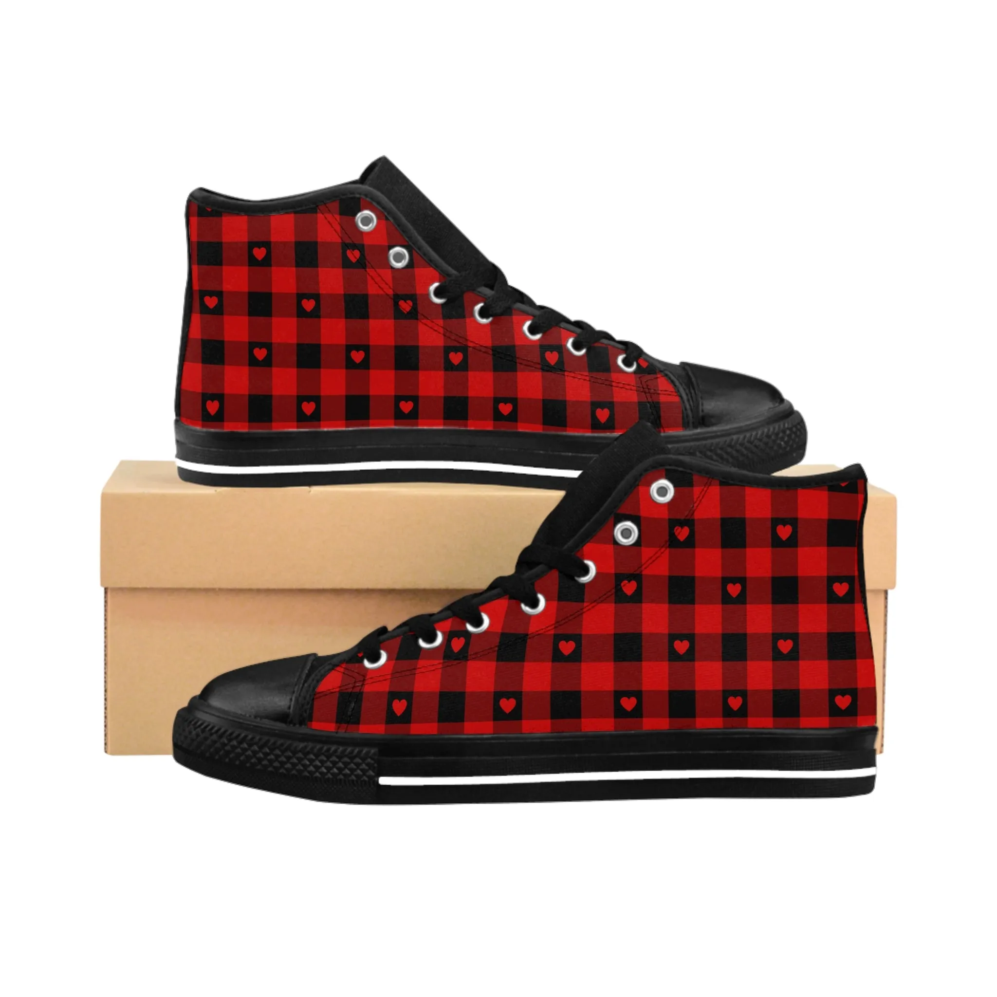 Red Heart Plaid Patterns Women's Classic Sneakers