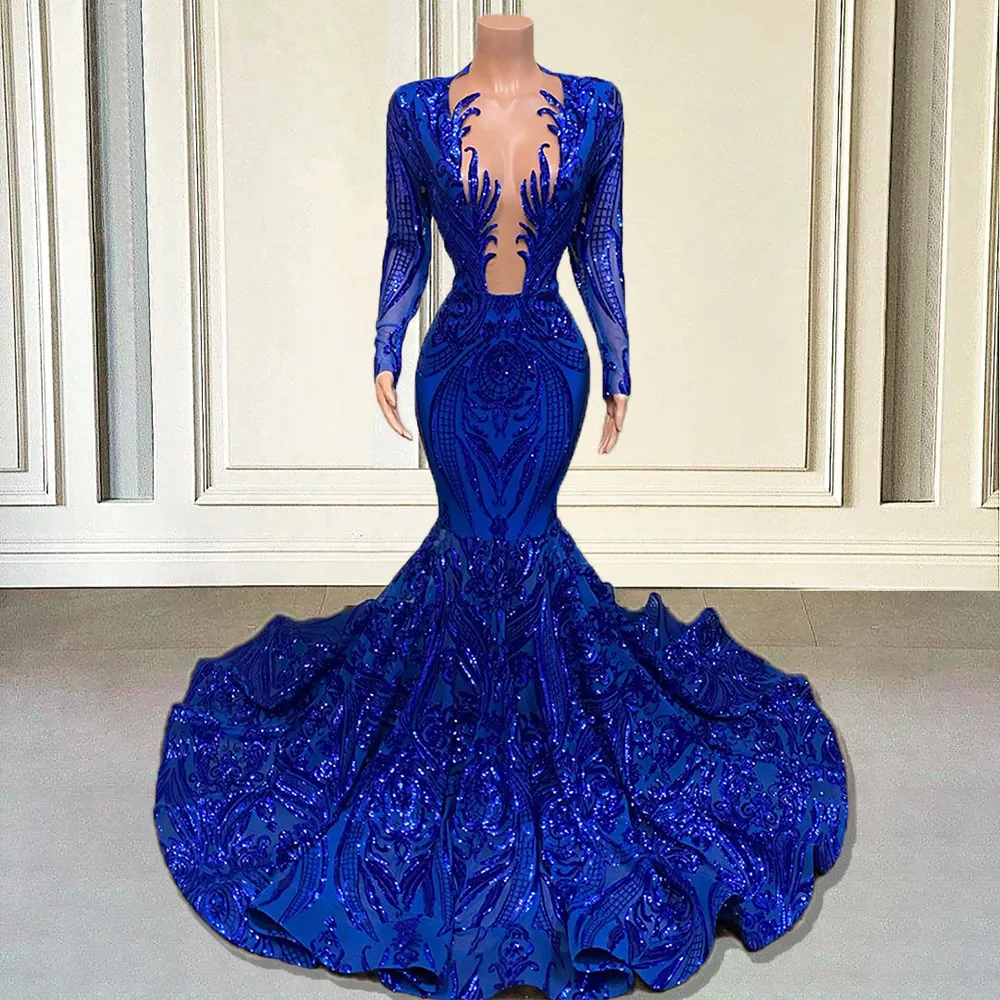 Royal Blue Mermaid Long Prom Dresses with Sleeves,Formal Dress with Sequins