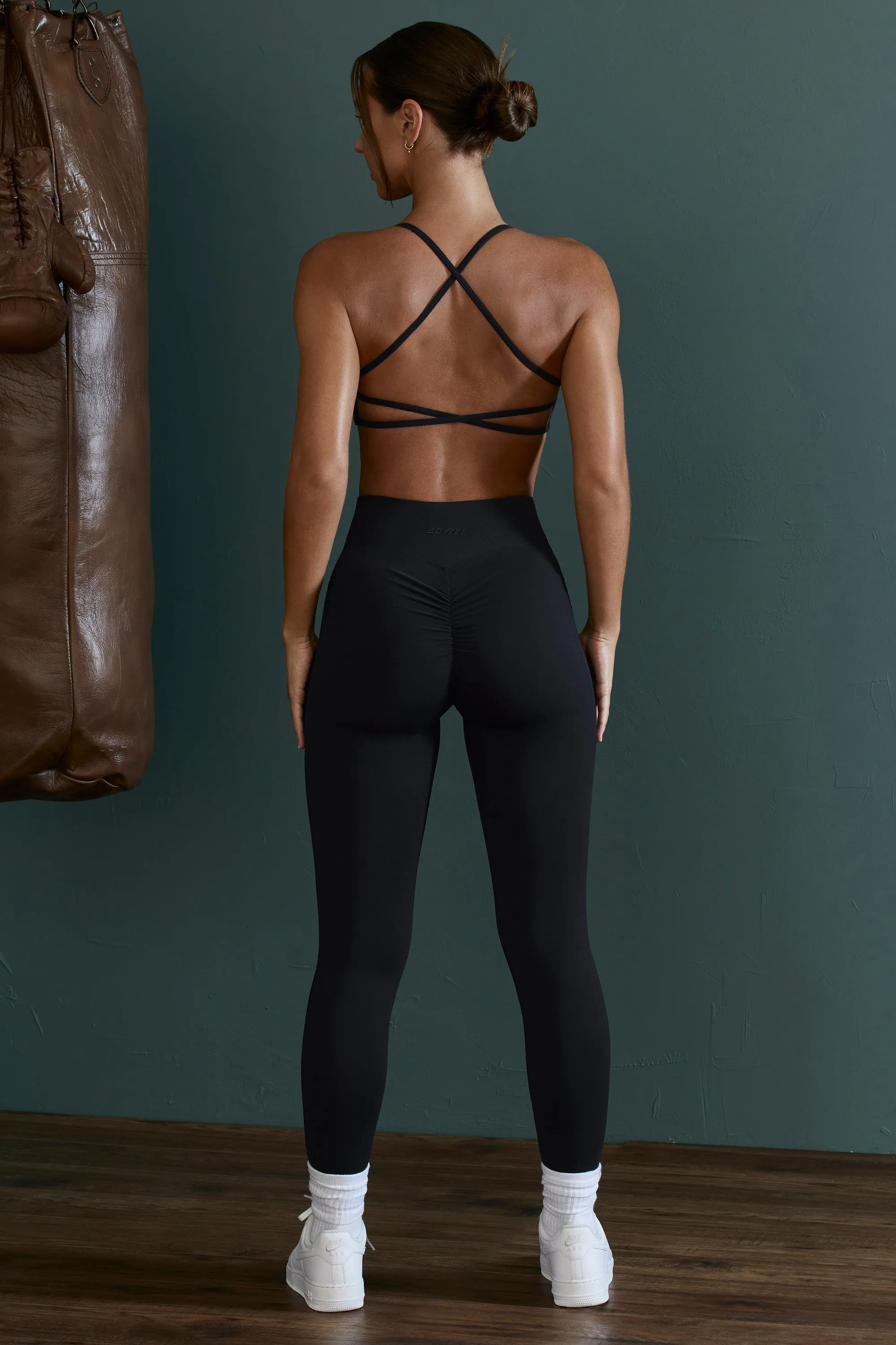 Scoop Neck Open Back Sports Bra in Black