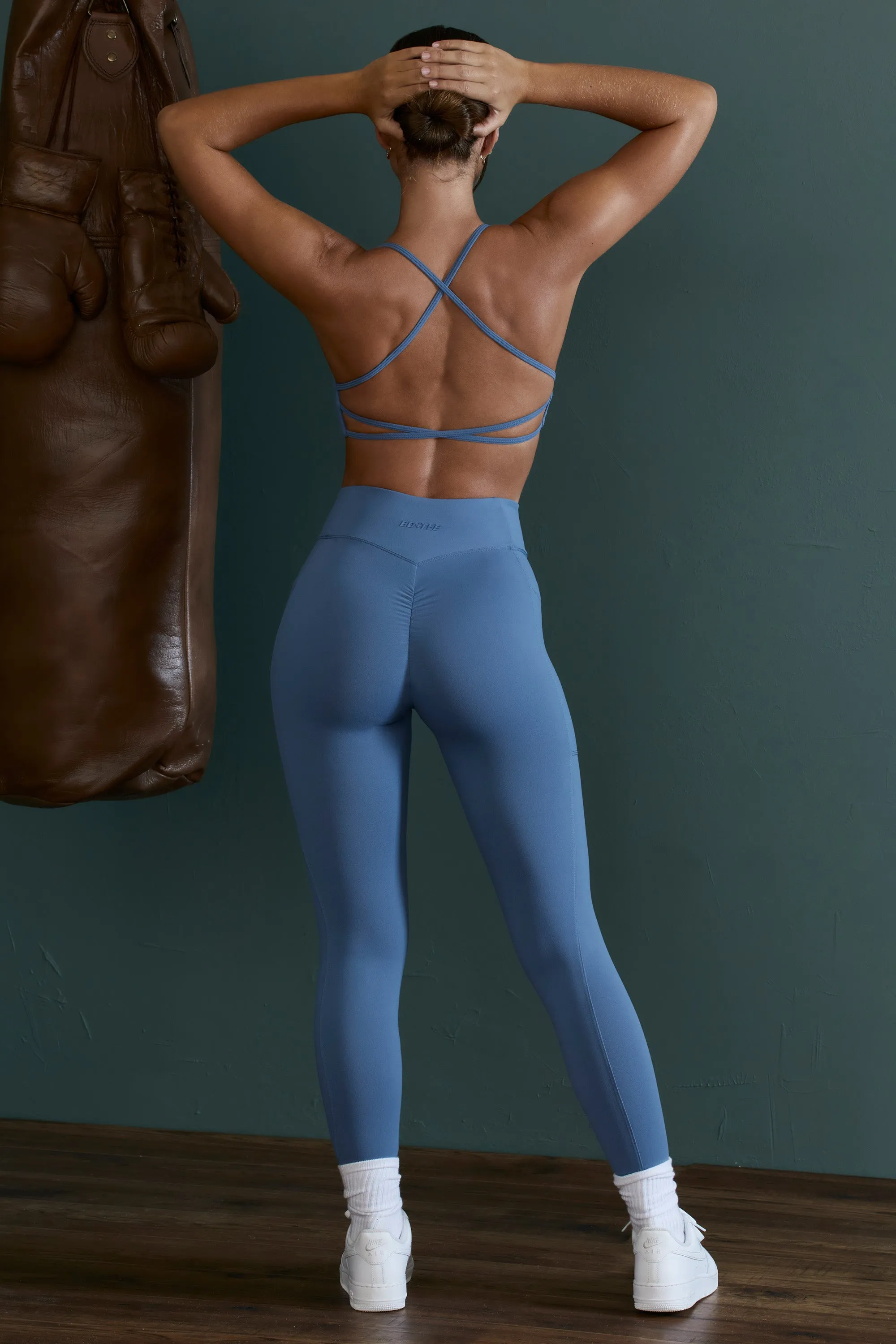 Scoop Neck Open Back Sports Bra in Blue