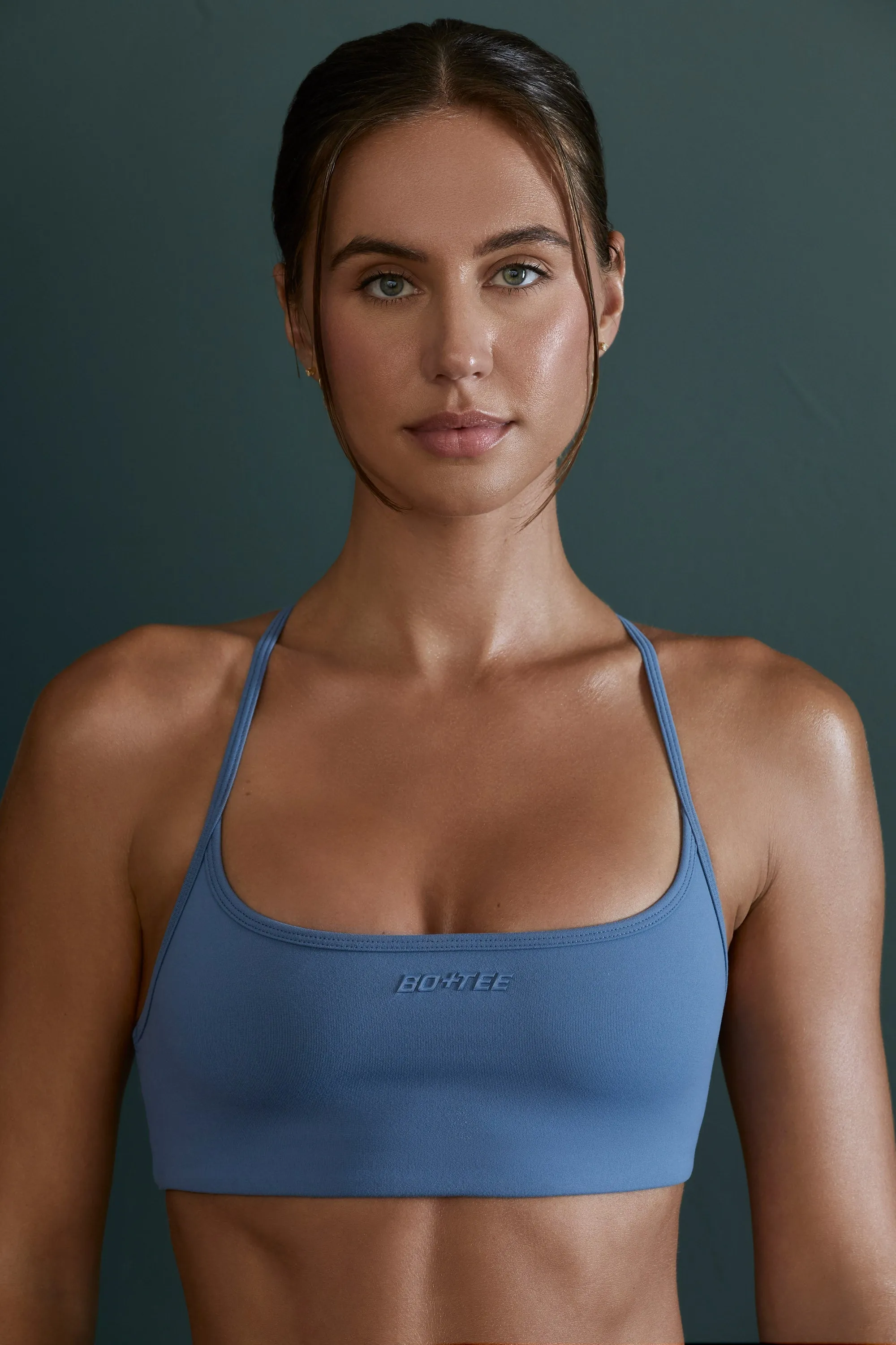 Scoop Neck Open Back Sports Bra in Blue