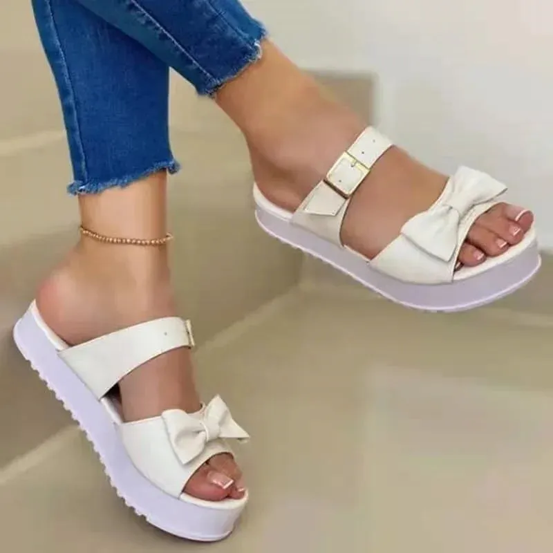 Slippers Women Summer New 2022 Fashion Bow Flats Platform Sandals Woman Open Toe Flip Flops Outdoor Casual Beach Shoes Female