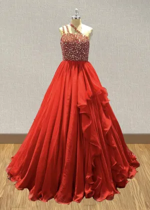 Sparkly Beaded Bodice Little GIrls Red Evening Gown