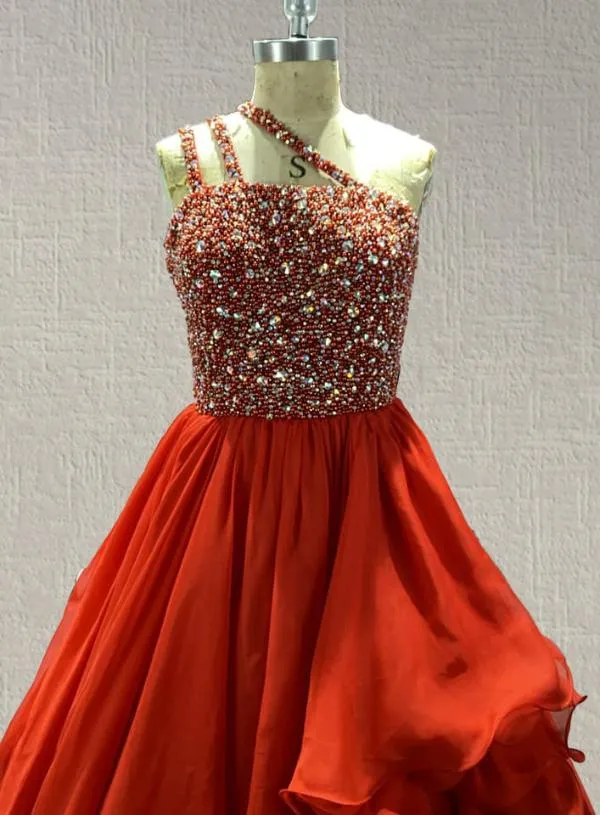 Sparkly Beaded Bodice Little GIrls Red Evening Gown