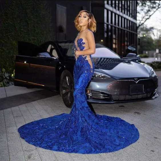 Sparkly Royal Blue Mermaid Long Prom Dress With Train Sexy Evening Dresses