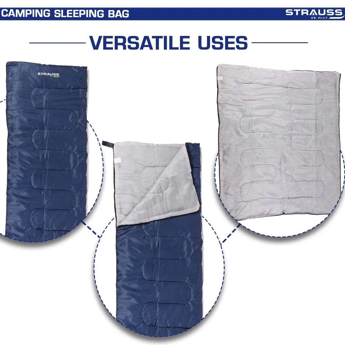 STRAUSS Camping Sleeping Bag 8°C to -20°C | Can Be Used in Summer, Spring and Winter | Lightweight and Portable | Ideal for Travel Camping Hiking and Trekking | for Adults & Kids,(Blue)