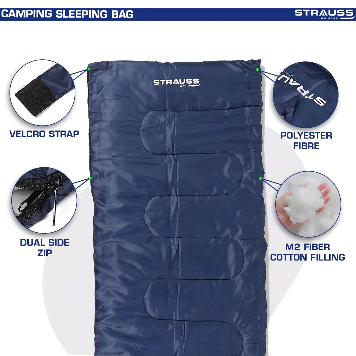 STRAUSS Camping Sleeping Bag 8°C to -20°C | Can Be Used in Summer, Spring and Winter | Lightweight and Portable | Ideal for Travel Camping Hiking and Trekking | for Adults & Kids,(Blue)