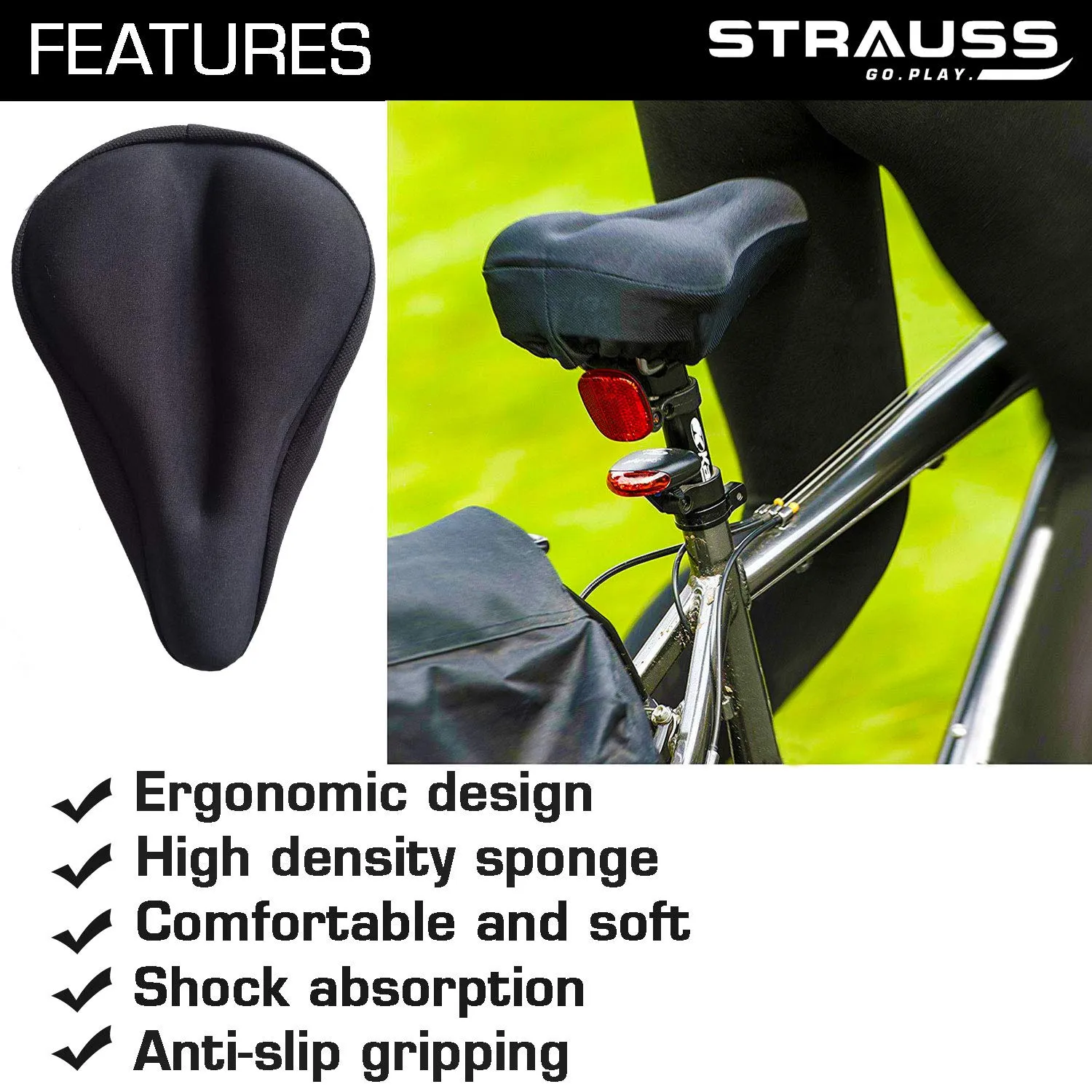 Strauss Gel Seat Cover (Black) and LED Bicycle Rear Tail Light