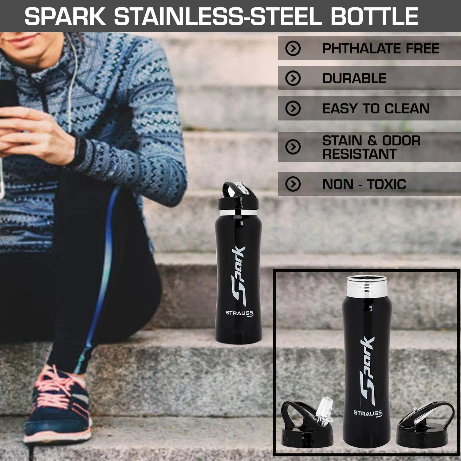 STRAUSS Spark Stainless-Steel Bottle | Leak-Proof Water Bottle | Water Bottle for Travel, Hiking, Trekking, Home, Office & School | Non-Toxic & BPA Free Steel Bottles | 750 ml,(Metal Finish Black)