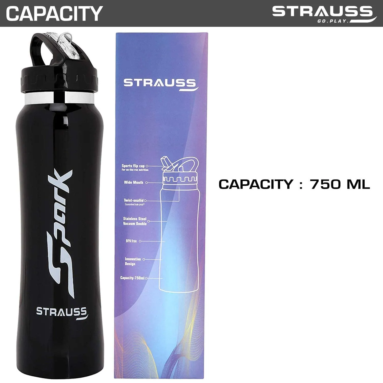 STRAUSS Spark Stainless-Steel Bottle | Leak-Proof Water Bottle | Water Bottle for Travel, Hiking, Trekking, Home, Office & School | Non-Toxic & BPA Free Steel Bottles | 750 ml,(Metal Finish Black)