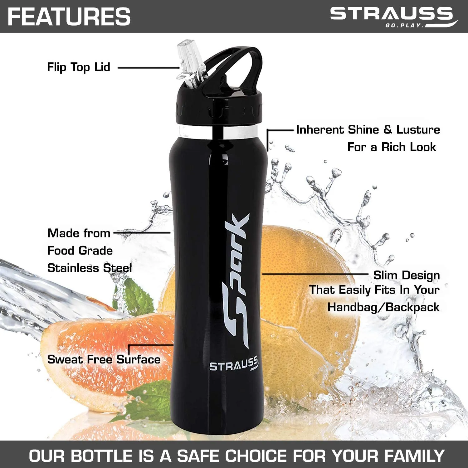 STRAUSS Spark Stainless-Steel Bottle | Leak-Proof Water Bottle | Water Bottle for Travel, Hiking, Trekking, Home, Office & School | Non-Toxic & BPA Free Steel Bottles | 750 ml,(Metal Finish Black)