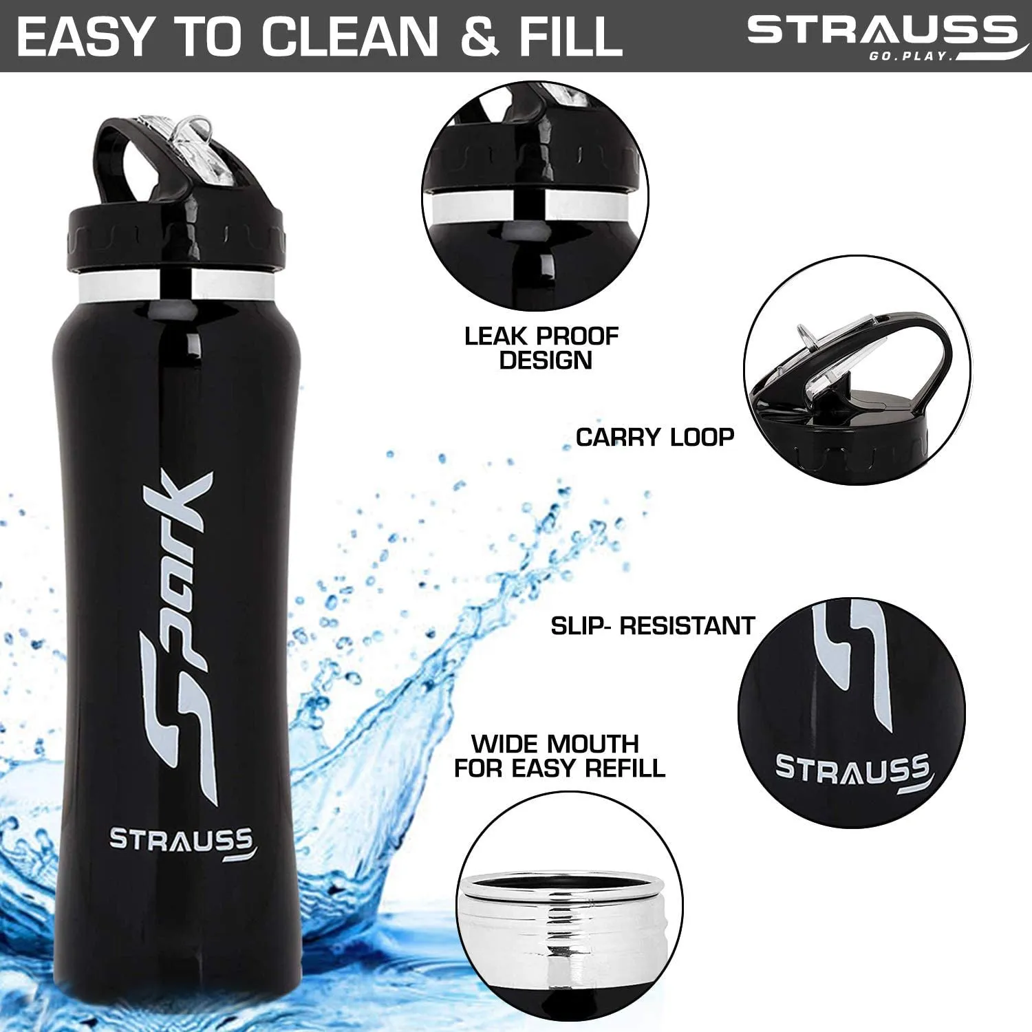 STRAUSS Spark Stainless-Steel Bottle | Leak-Proof Water Bottle | Water Bottle for Travel, Hiking, Trekking, Home, Office & School | Non-Toxic & BPA Free Steel Bottles | 750 ml,(Metal Finish Black)