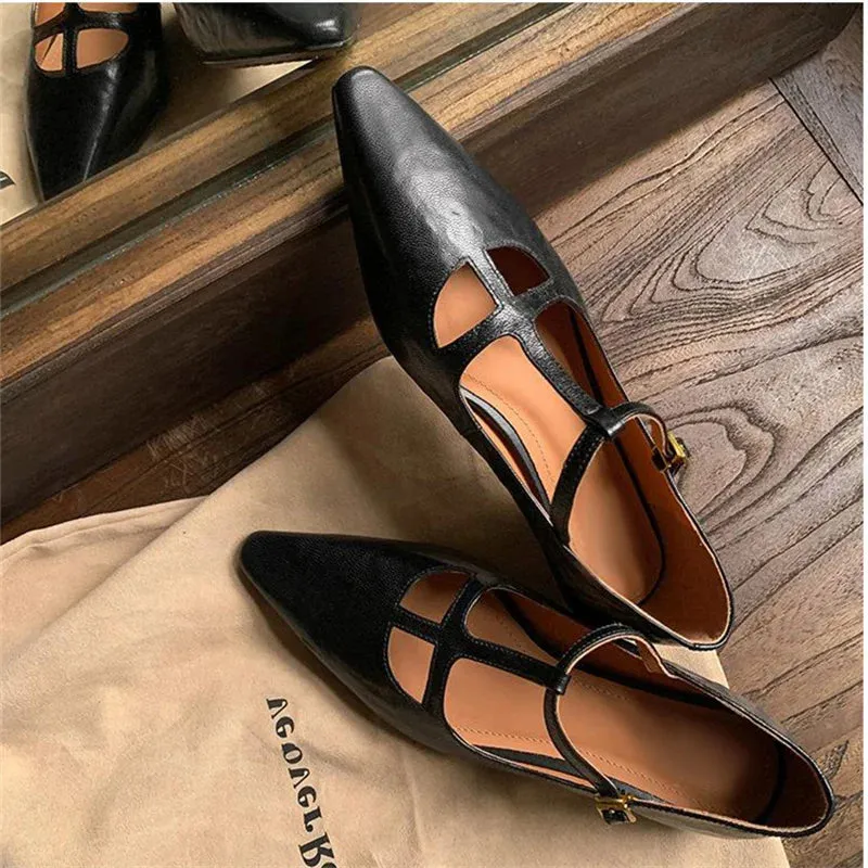 TAVIMART  -  Black Patent Leather Women Single Shoes Belt Buckle Ladies Pumps Slip-On Tacones Para Mujer Pointed Toe Sapatos Feminino Spring