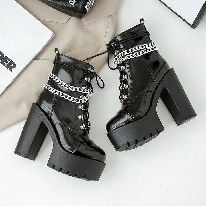 Waterproof Platform Chunky Chain Decorated Short Boots