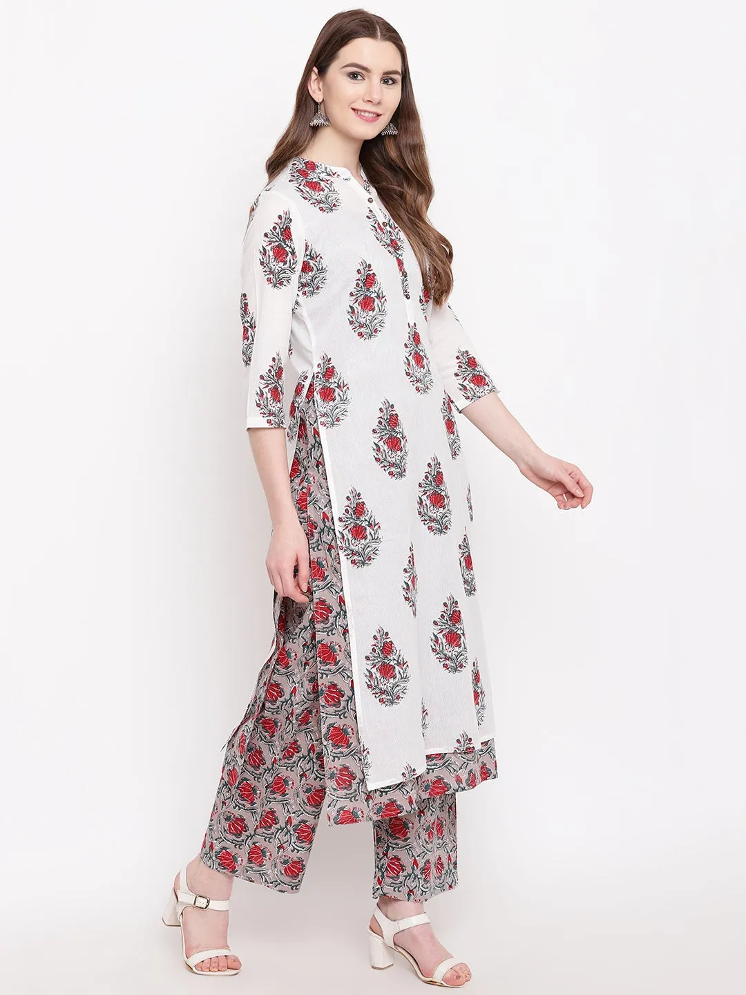 Women'S White Cotton Kurta Palazzo Set